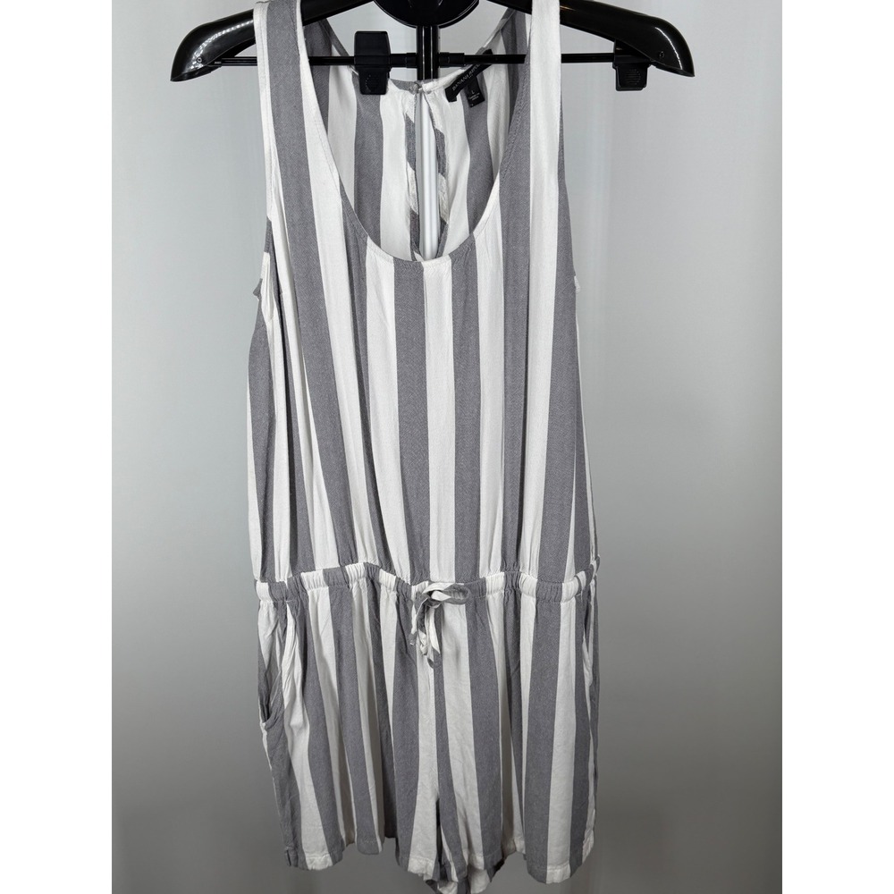 Banana Republic Women Gray White Striped Sleeveless Romper Size L Pockets Rayon - Picture 2 of 8